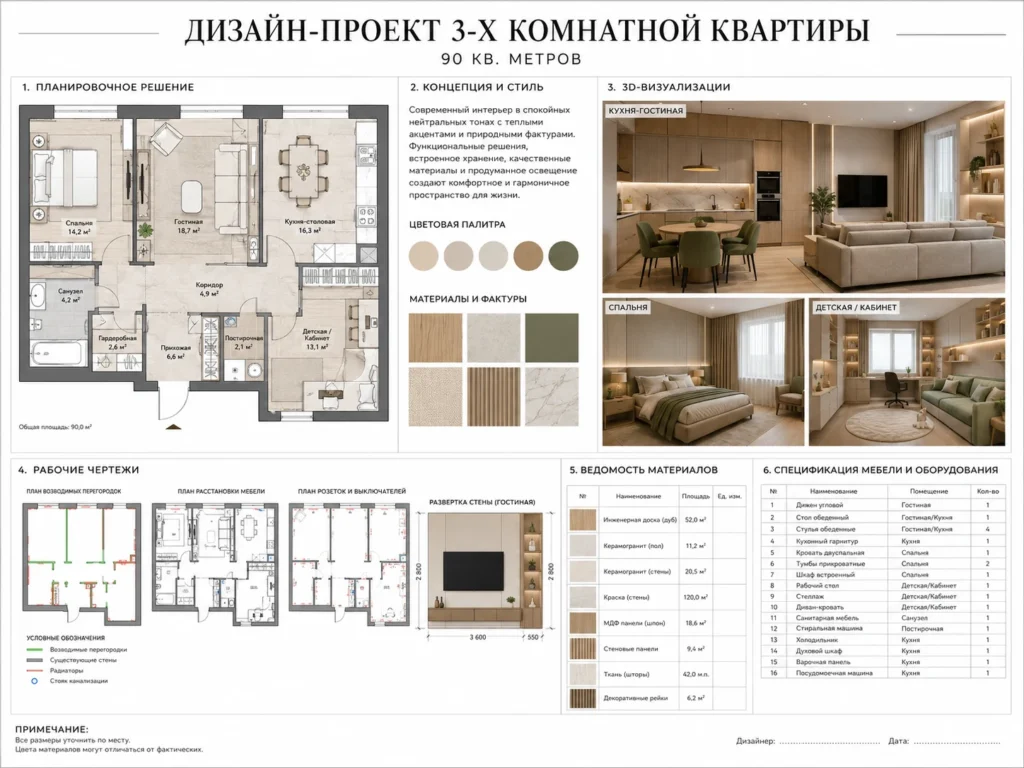 Дизайн-проект трехкомнатной квартиры 90 кв. м с планировкой