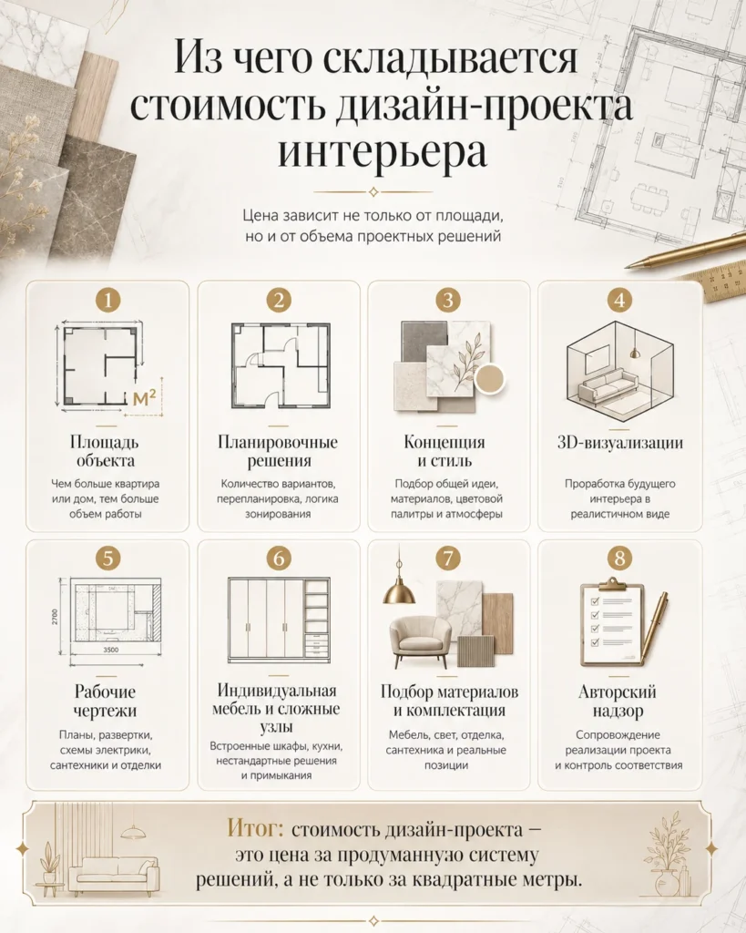 стоимость дизайн-проекта интерьера: площадь, планировочные решения, концепция, 3D-визуализации, чертежи, мебель, комплектация и авторский надзор