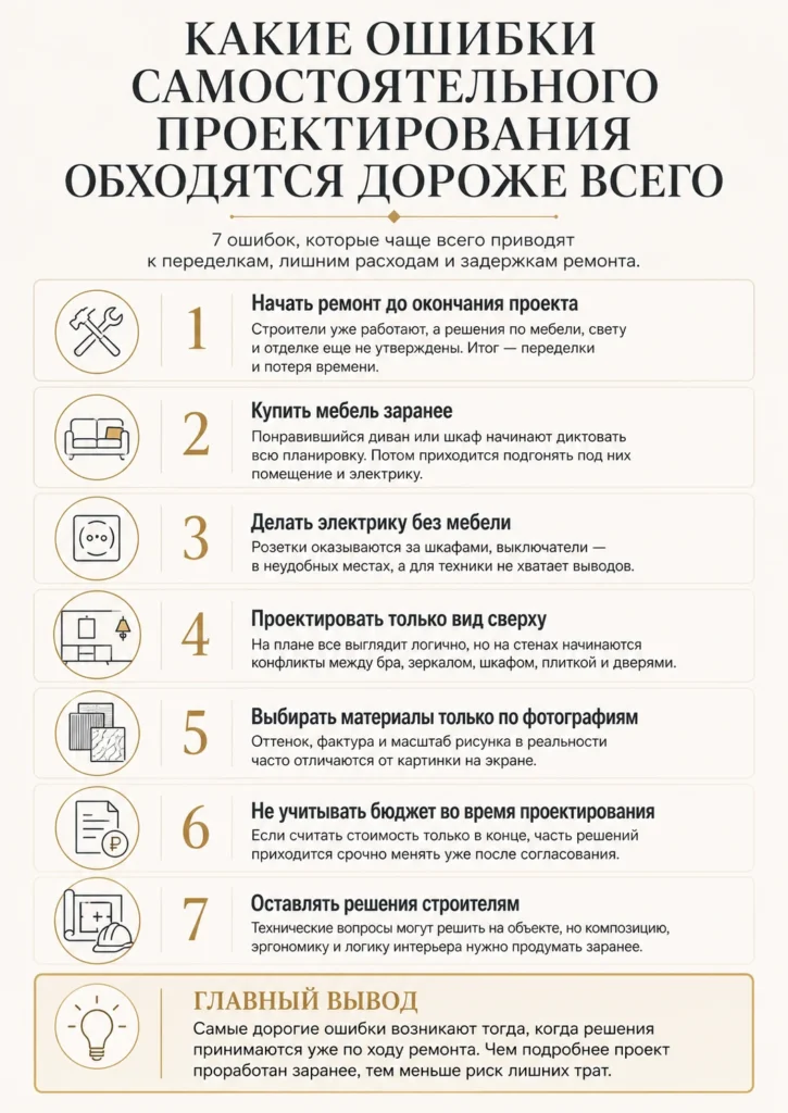 Ошибки самостоятельного проектирования квартиры, которые приводят к переделкам, лишним расходам и задержкам ремонта