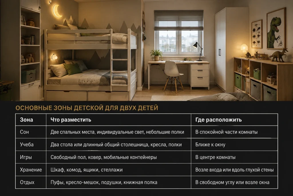 Основные функциональные зоны детской для двух детей: сон, учеба, игры, хранение и отдых