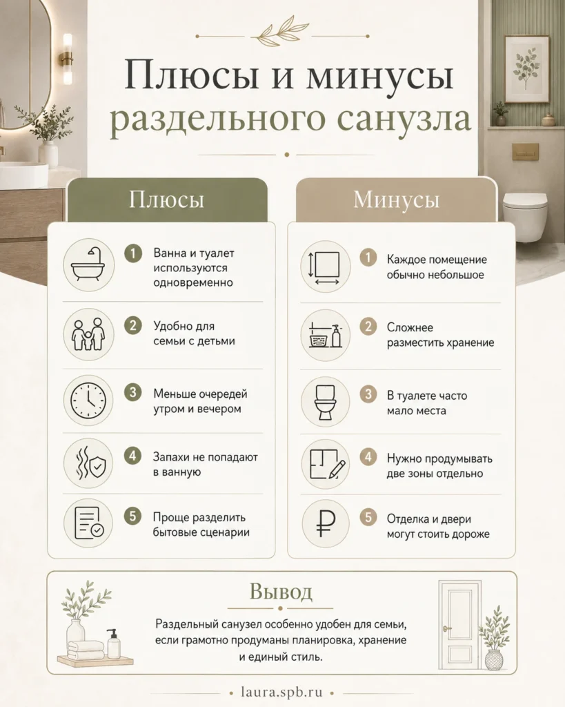 Инфографика с плюсами и минусами раздельного санузла